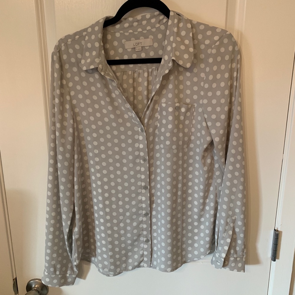 Loft gray and white polka dot button down blouse